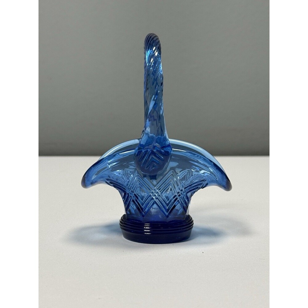 Fenton Blue Mini Diamond Glass Basket Twisted Handle 4.5” USA VTG